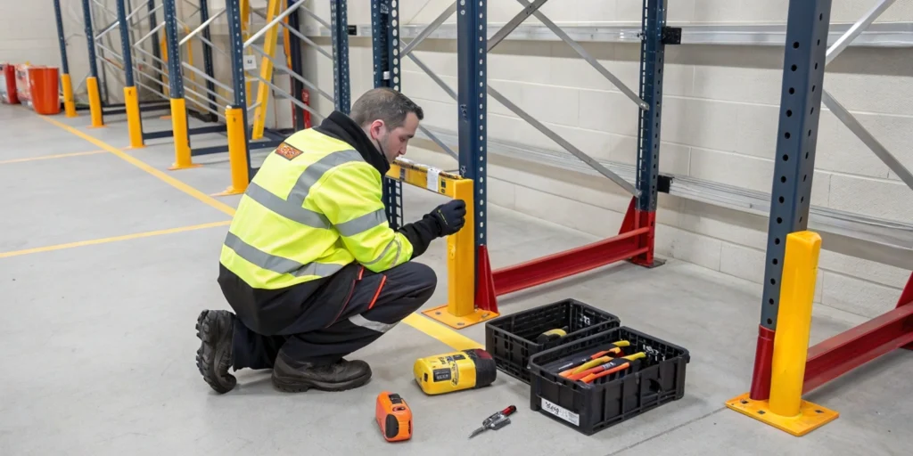 technician using pallet rack repair kit in working warehouse