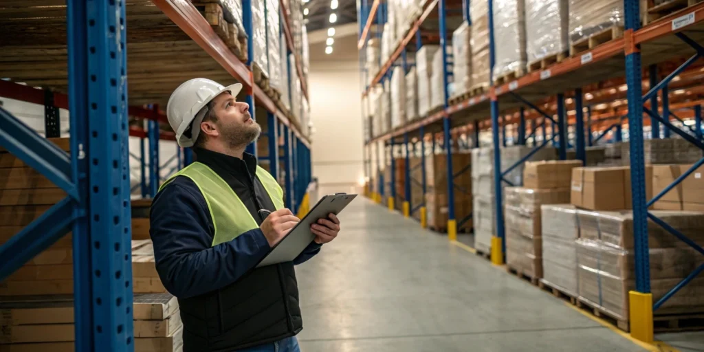 warehouse manager performing pallet rack inspection with clipboard
