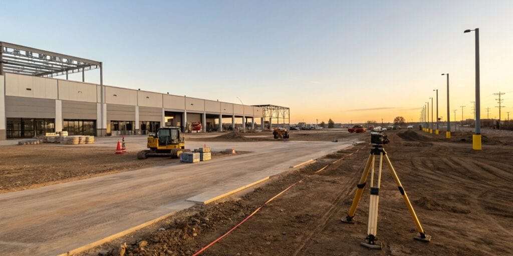 Vacant warehouse site prepared for clad rack installation with site markers and equipment

