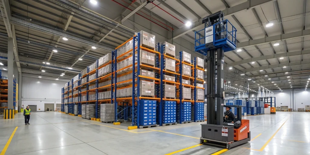 automated stacker crane moving pallets in a high-bay racking system inside a professional warehouse