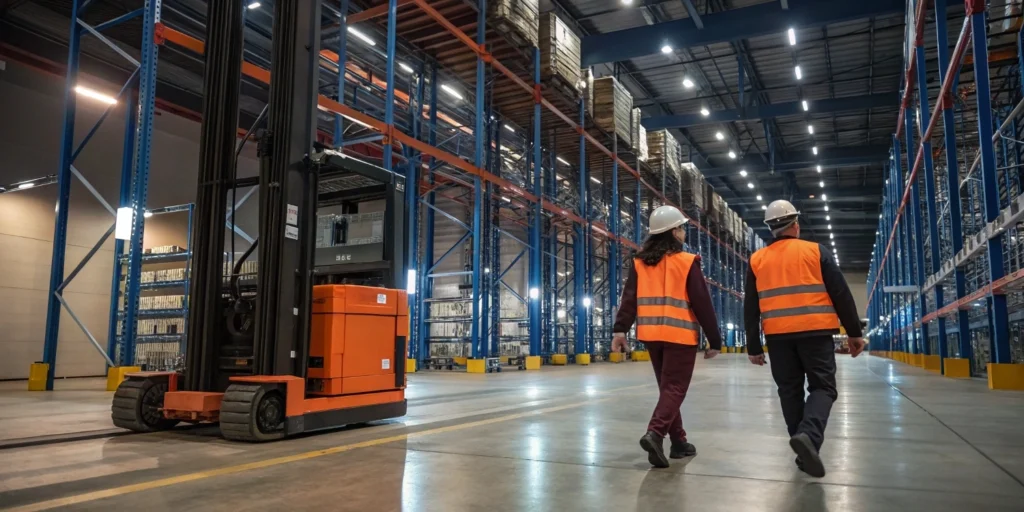 Warehouse staff operating alongside automated high bay racking systems in action