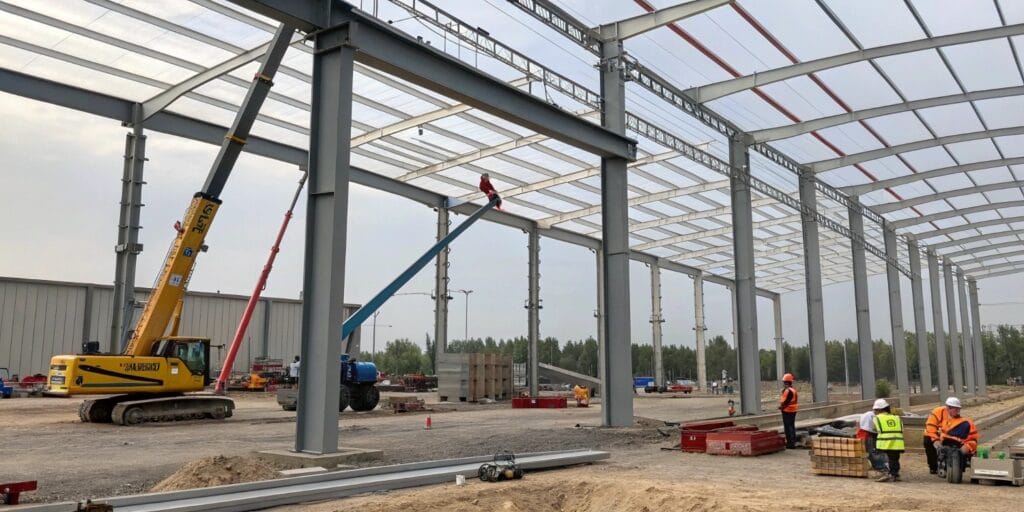 Steel framework of clad rack warehouse under construction with workers and equipment
