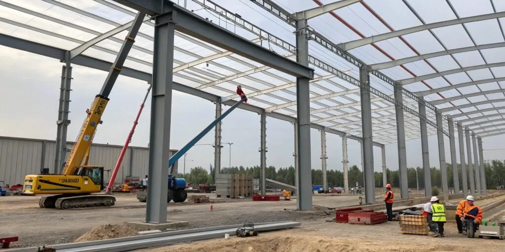 Steel framework of clad rack warehouse under construction with workers and equipment