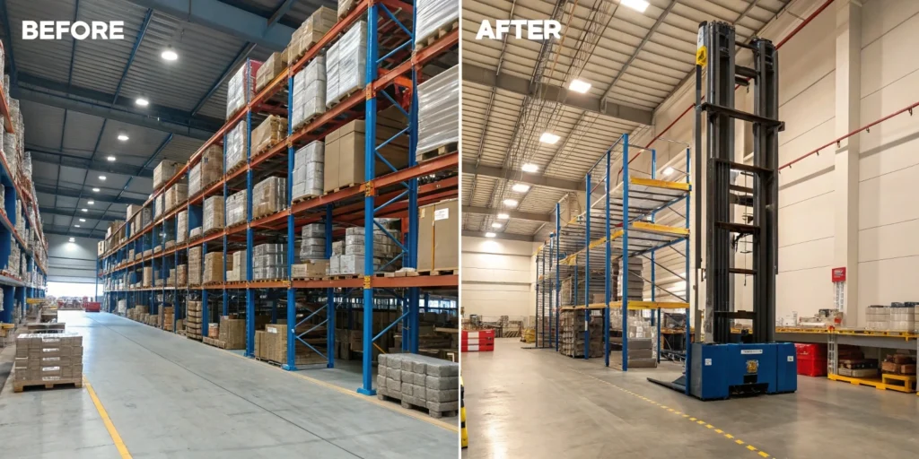before and after comparison of warehouse layout with stacker crane system installation