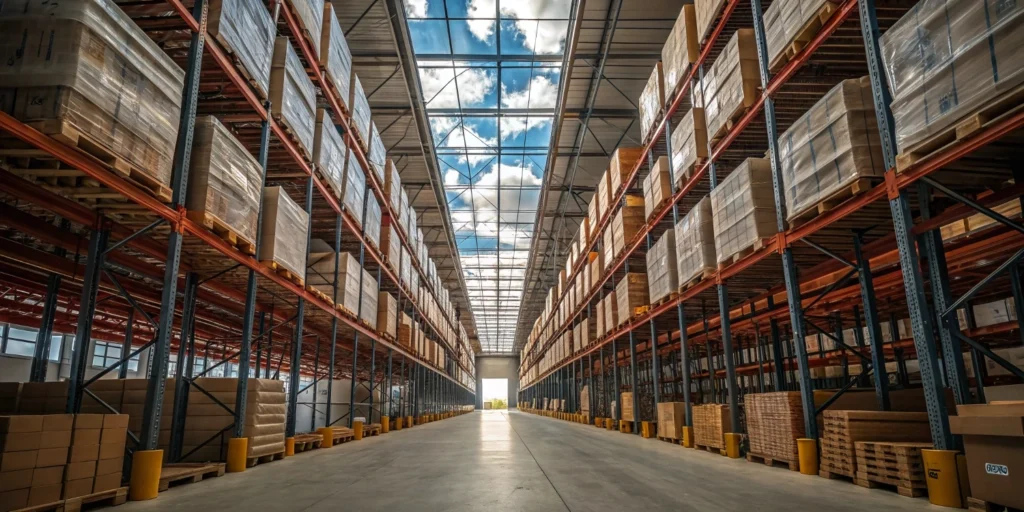 Efficient vertical warehouse layout using narrow aisles and high-density racking